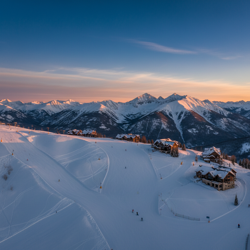 Snow-covered ski runs and mountain peaks above Breckenridge